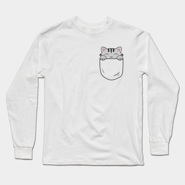 Grey Tabby Cat Inside A Pocket Long Sleeve T-Shirt by Purrfect